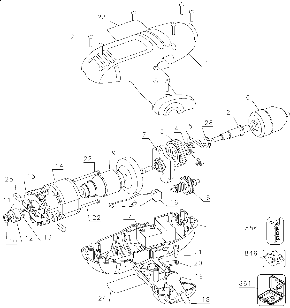 Default Diagram and Parts List for DR210BK Type 3 Black and Decker Boring Machine